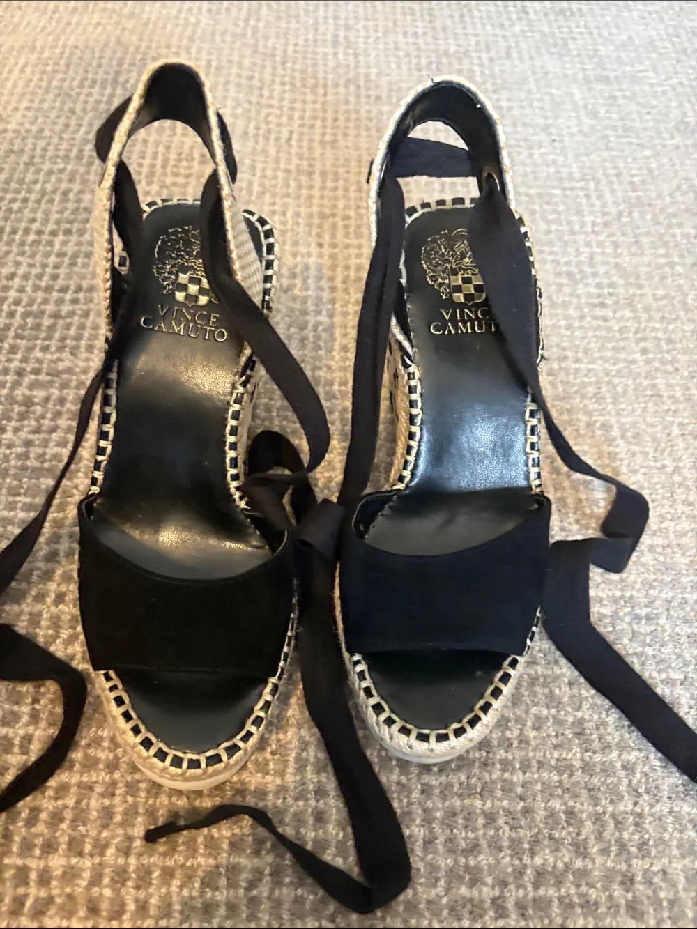 Vince Camuto- Black and Tan Woven Espadrille Wedge Sandals Ankle Ties size 6 1/2